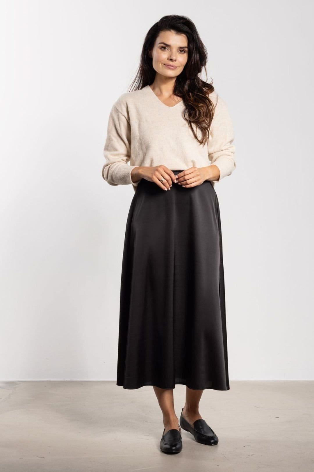 Love Lace Black Satin Flared Midi Skirt
