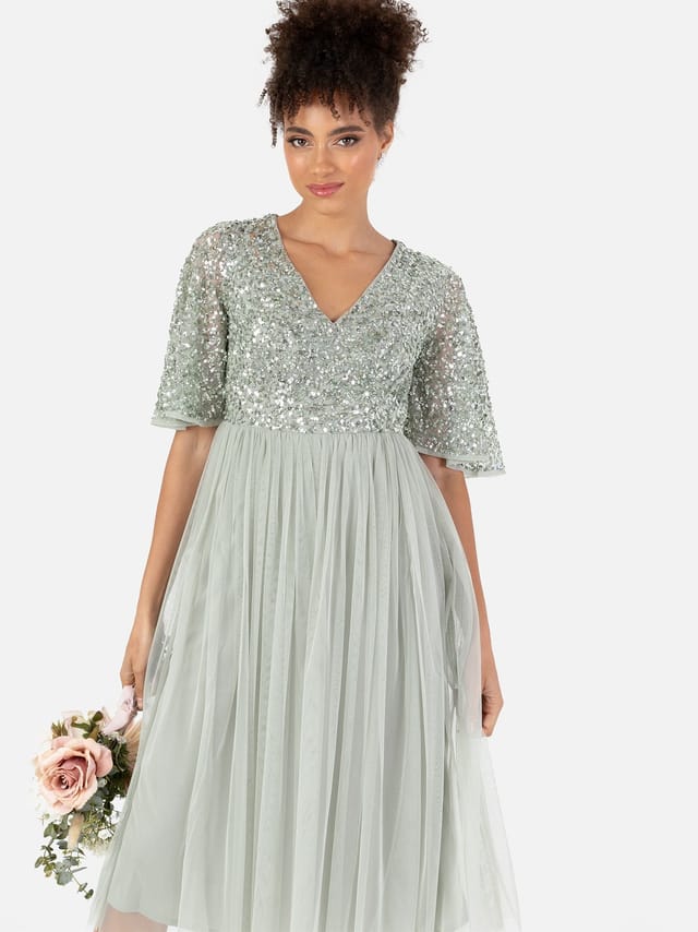 Maya Deluxe Maya Deluxe Women's Short Flutter Sleeve Embellished Midi Dress in Mint - 2