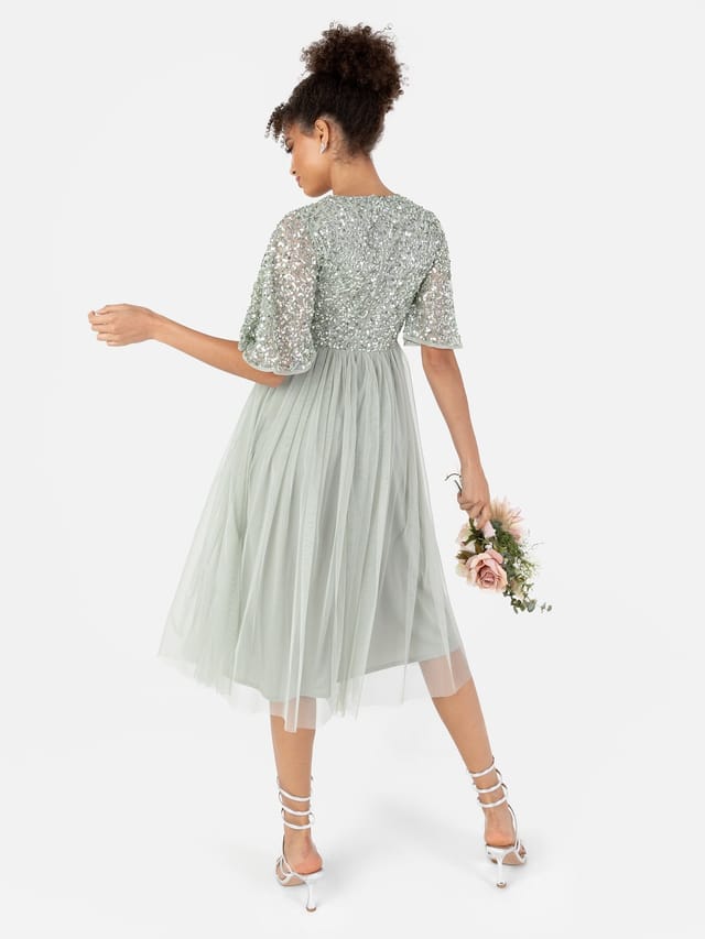 Maya Deluxe Maya Deluxe Women's Short Flutter Sleeve Embellished Midi Dress in Mint - 3