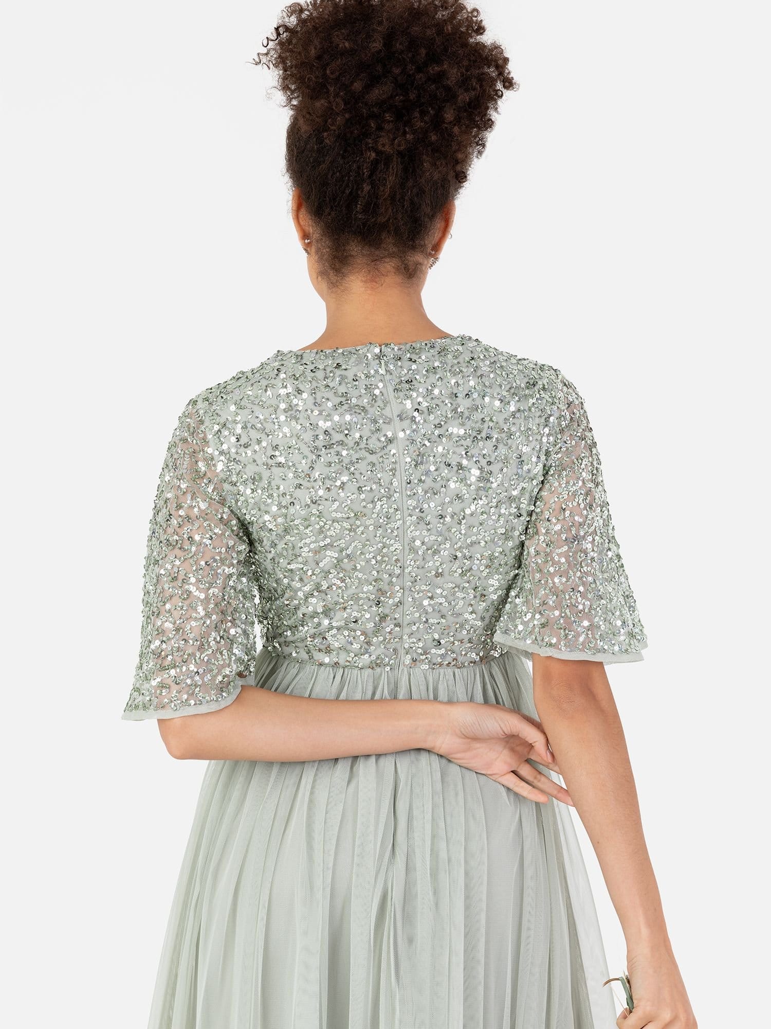 Maya Deluxe Maya Deluxe Women's Short Flutter Sleeve Embellished Midi Dress in Mint - 4