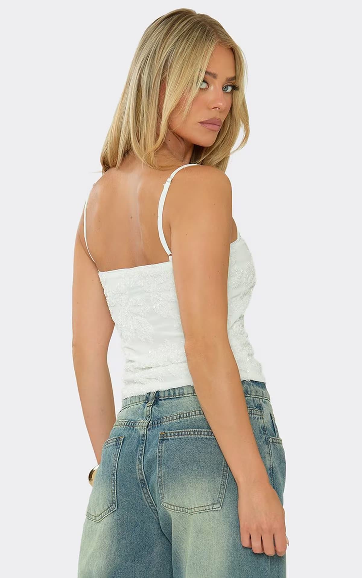 EGO Strappy Sequin Detail Top In White, Women's Size UK 6