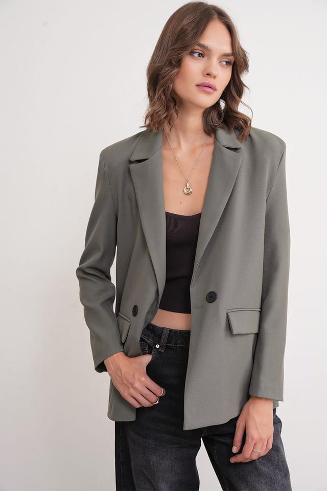 MixRay MixRay Women's Long Sleeve Buttoned Blazer in Khaki - 2