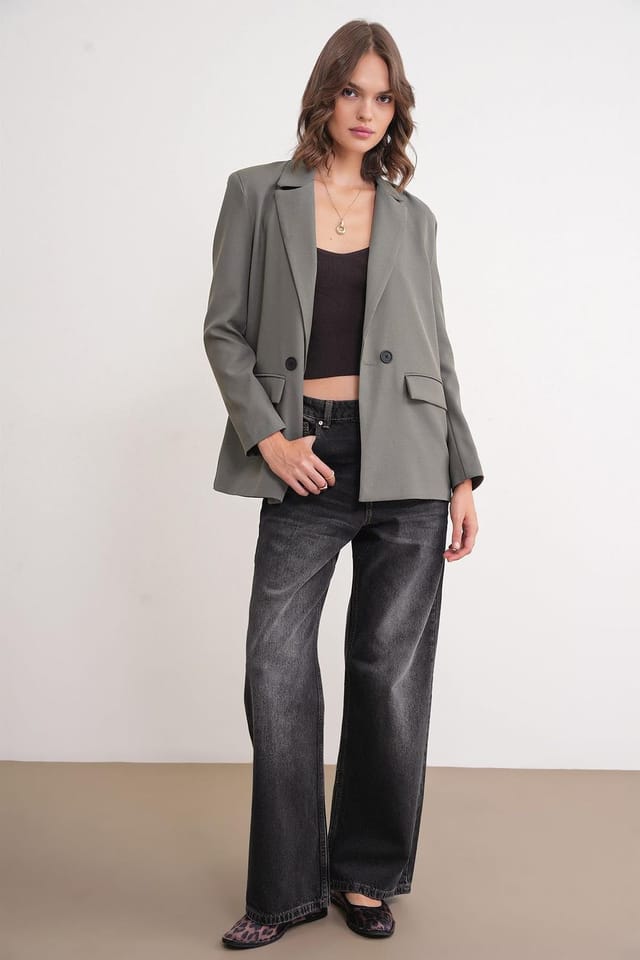 MixRay MixRay Women's Long Sleeve Buttoned Blazer in Khaki - 3