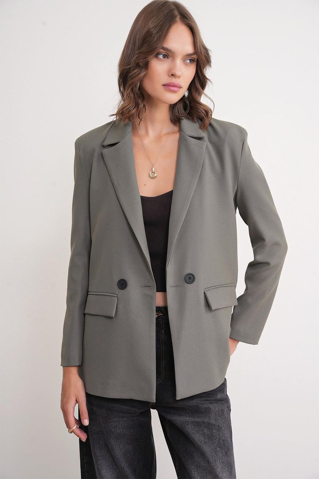 MixRay MixRay Women's Long Sleeve Buttoned Blazer in Khaki - 4
