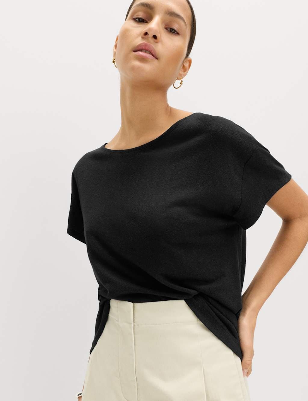 Marks & Spencer M&S Black Linen Blend Crew Neck T-Shirt