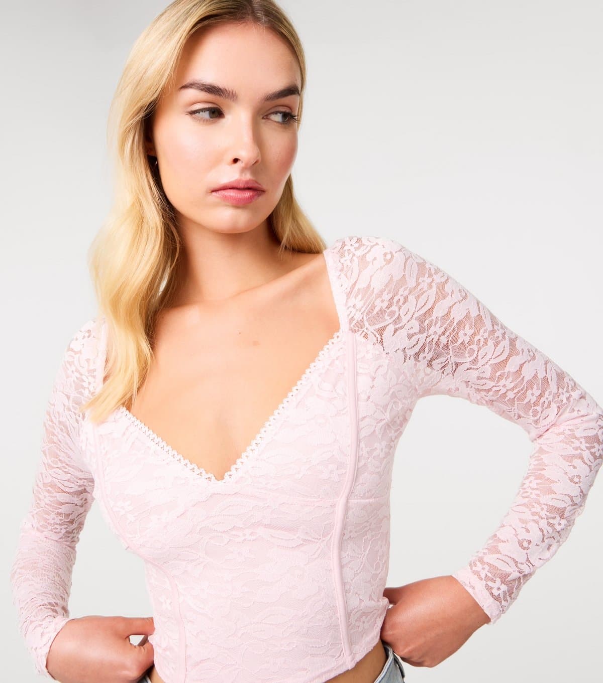 Pink Vanilla Women's Light Pink Lace Long Sleeve Corset Style Top Pink Vanilla New Look