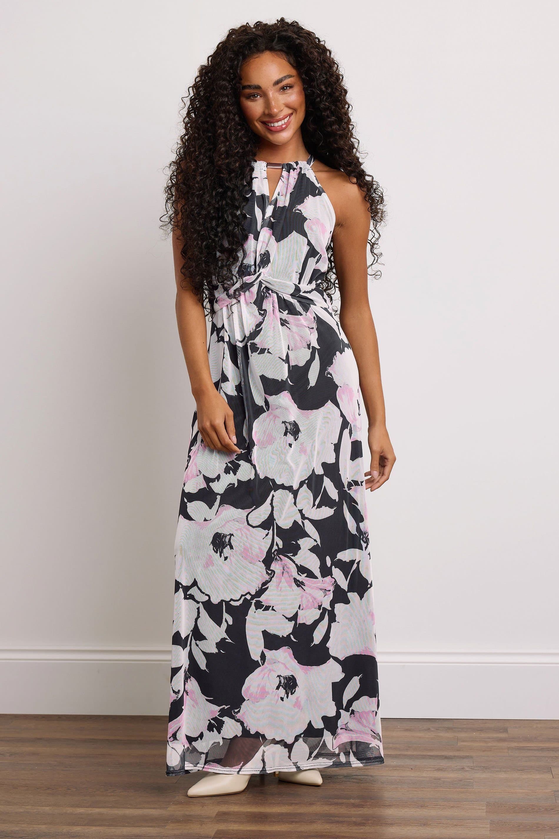 M&Co M&Co Women's Petite Printed Mesh Knot Front Halter Dress in Black