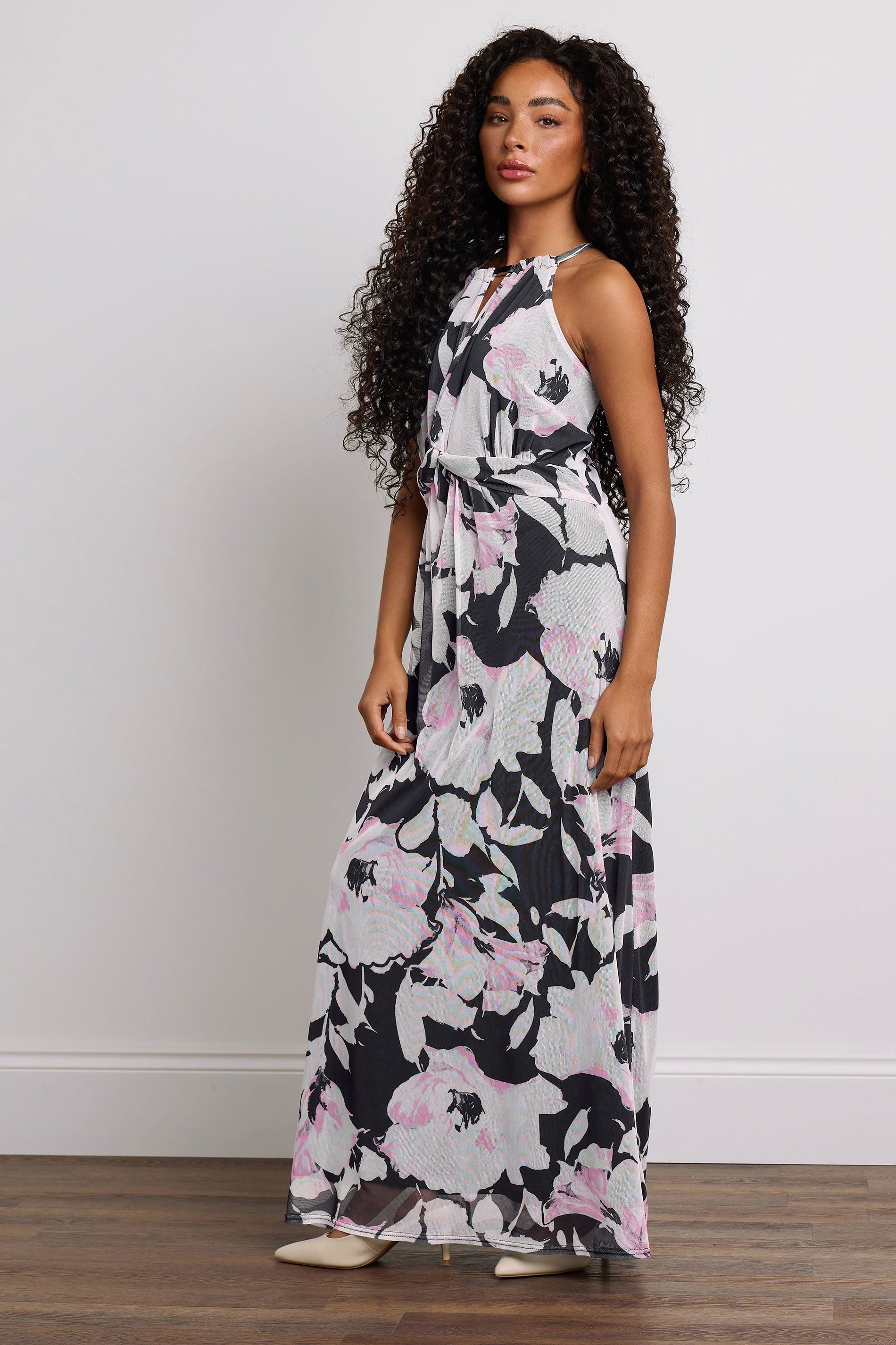 M&Co M&Co Women's Petite Printed Mesh Knot Front Halter Dress in Black - 3