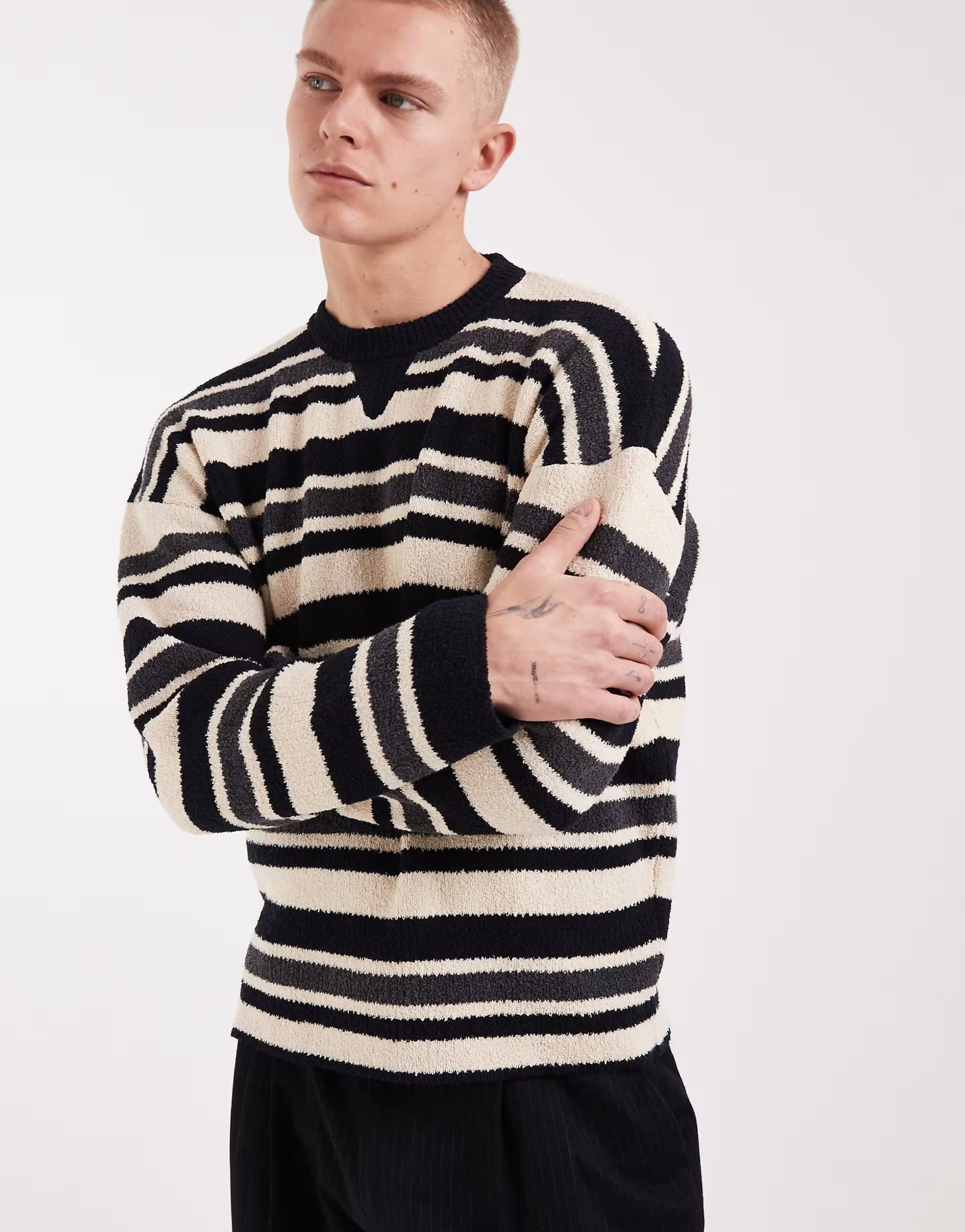 ASOS ASOS DESIGN oversized knitted striped jumper in navy and white