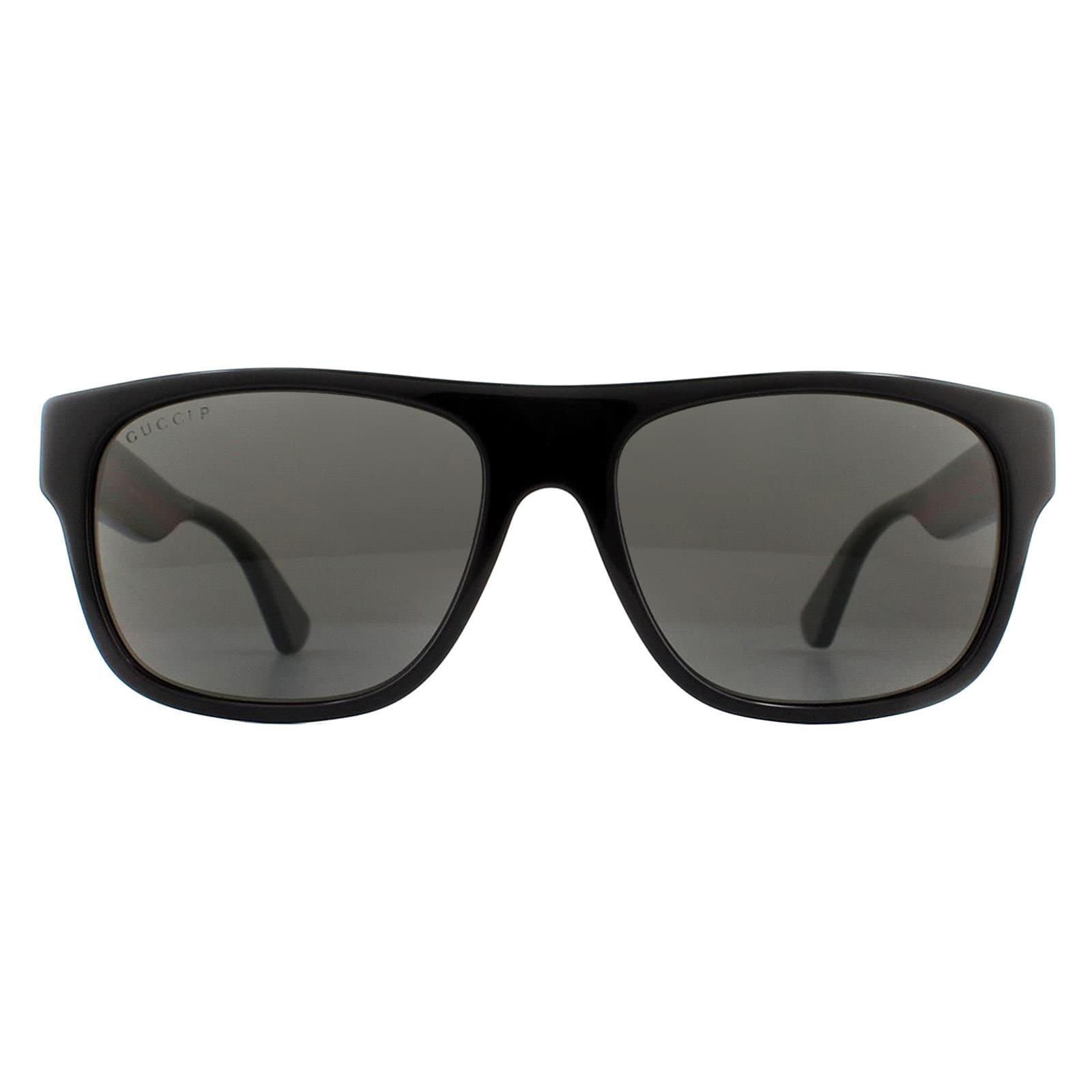 Gucci Gucci Men's Rectangle Black with Green & Red Stripe Grey Polarized Sunglasses