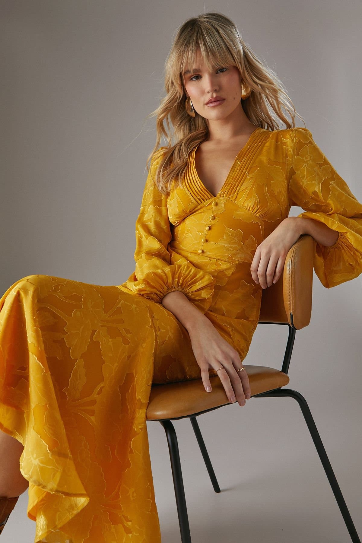 Warehouse Warehouse Women's Burnout Button Front Plunge Neck Maxi Dress in Yellow