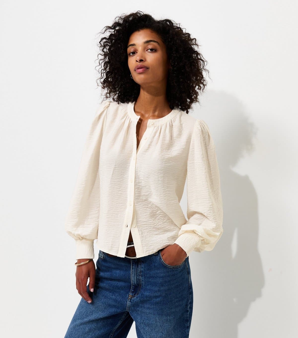 New Look Women's Cream Crinkle Texture Grandad Collar Shirt New Look