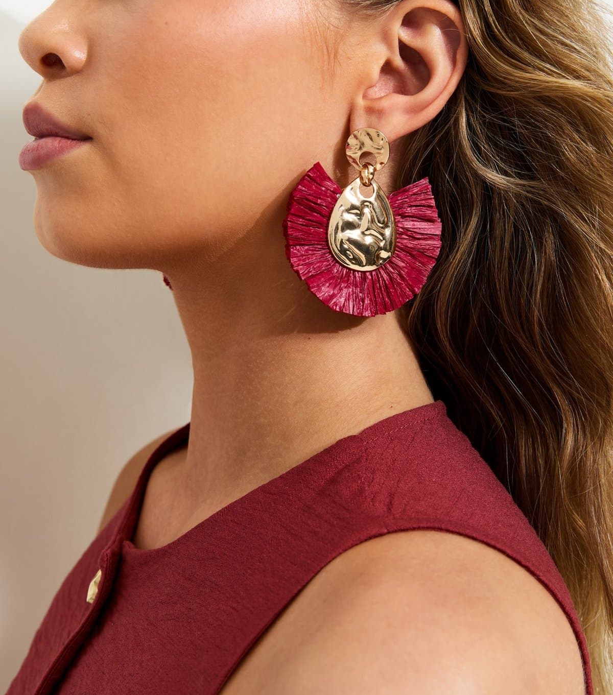 New Look Burgundy Beaten Texture Ruffled Earrings New Look