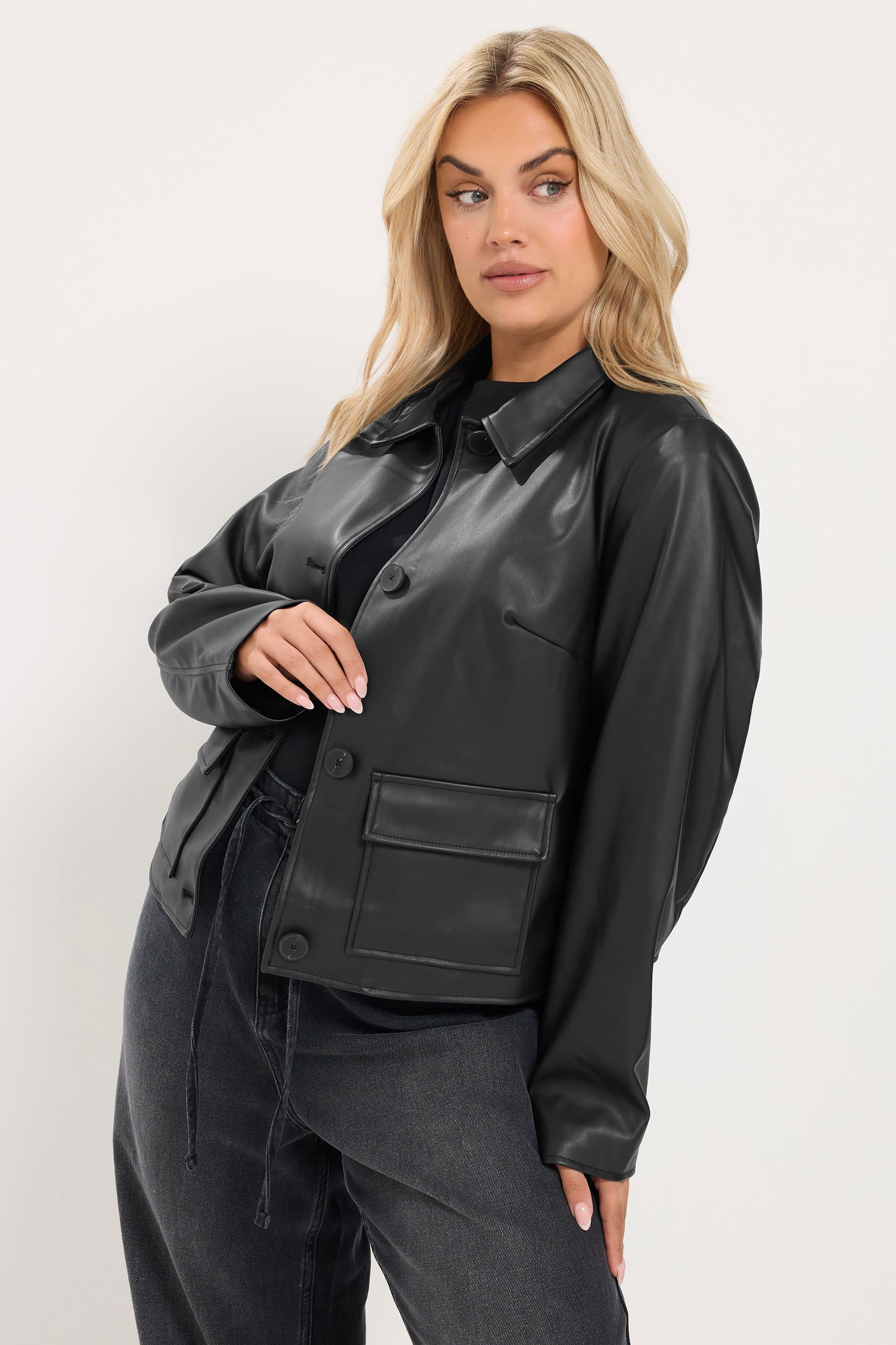 Yours Plus Size Black Faux Leather Button Jacket
