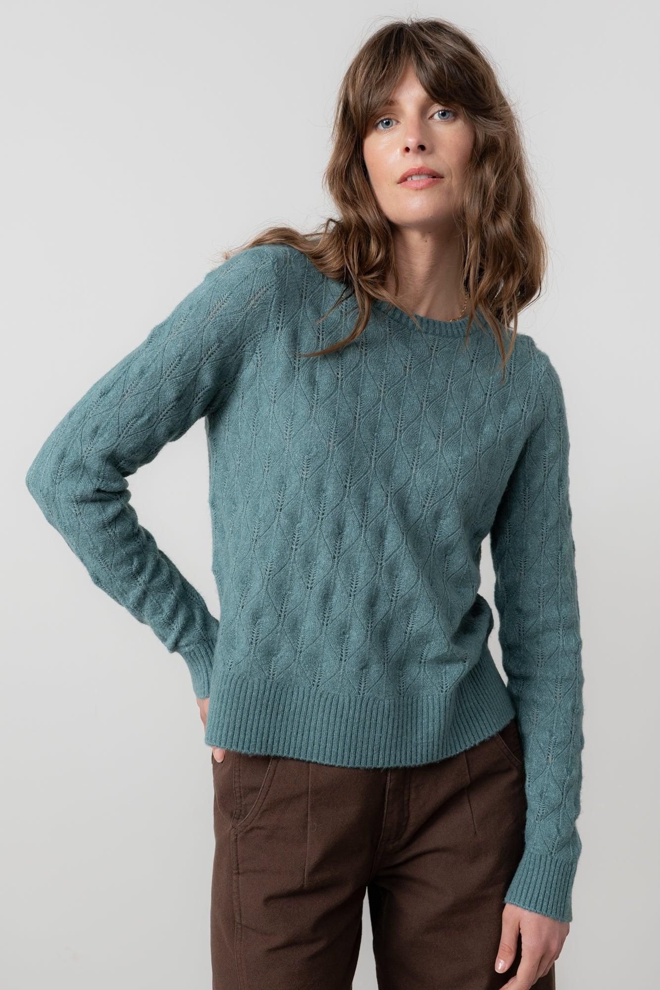 Lily & Me Lily & Me Women's Haresfield Crew Neck Blended yarn Pointelle Knit Jumper in Mid Blue - 2