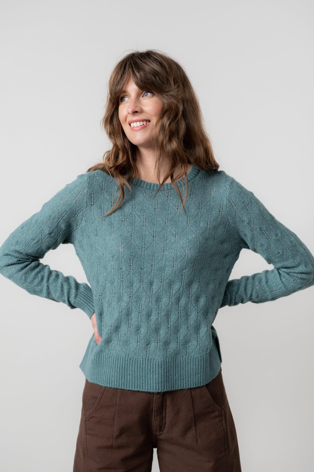 Lily & Me Lily & Me Women's Haresfield Crew Neck Blended yarn Pointelle Knit Jumper in Mid Blue - 3