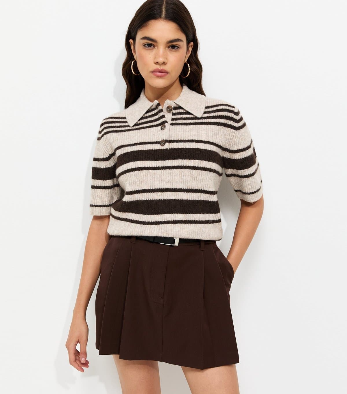 New Look Women's Brown Multi Striped Ribbed Short Sleeve Polo Top New Look