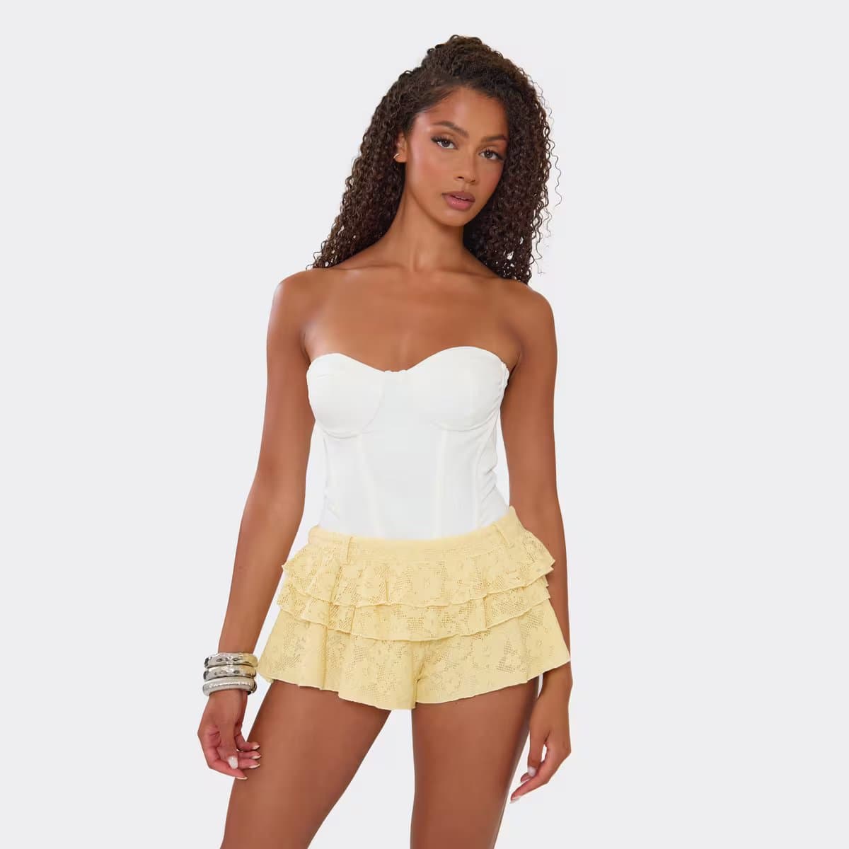 EGO Tiered Shorts In Lemon Floral Texture., Women's Size UK 6