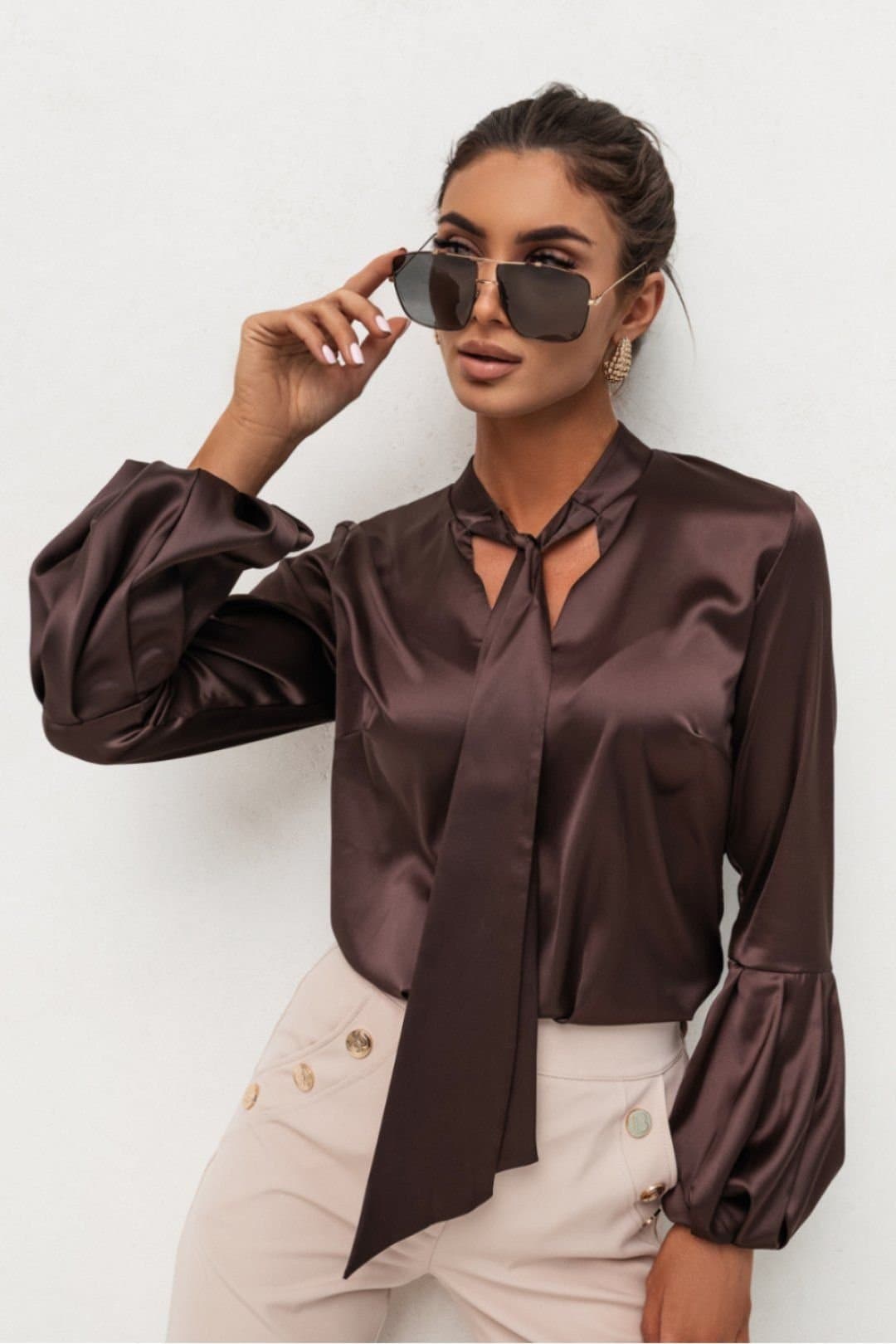 Love Lace Love Lace Women's VIVIENNE Long Sleeve Satin Shirt in Brown