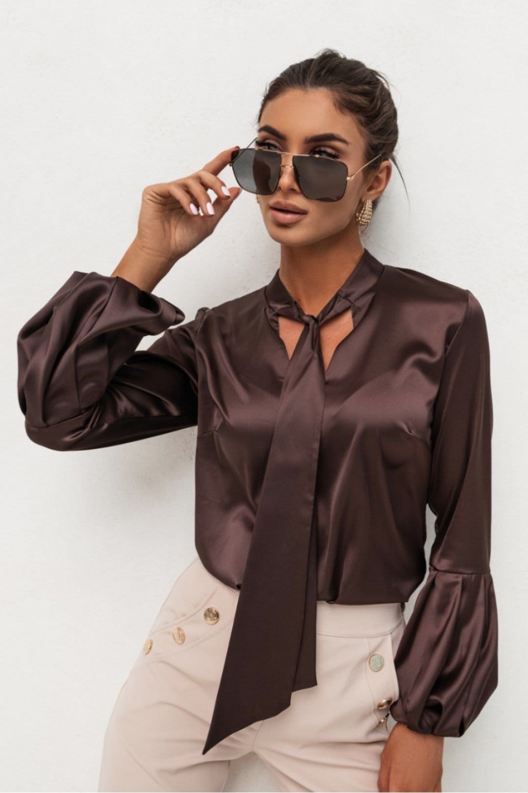 Love Lace Brown Satin Long Sleeve Tie-Front Blouse