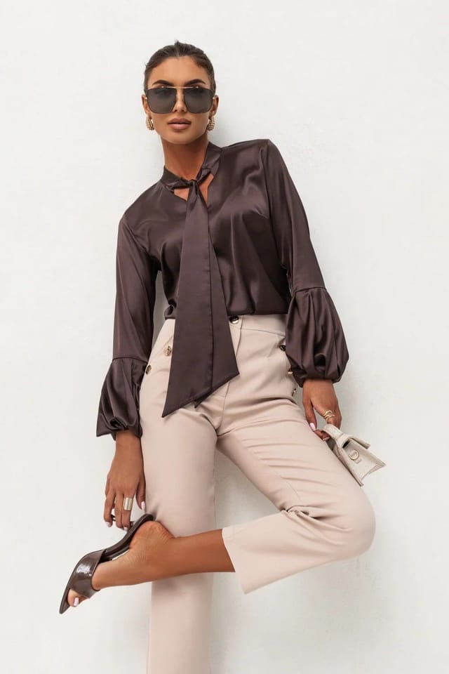 Love Lace Love Lace Women's VIVIENNE Long Sleeve Satin Shirt in Brown - 2