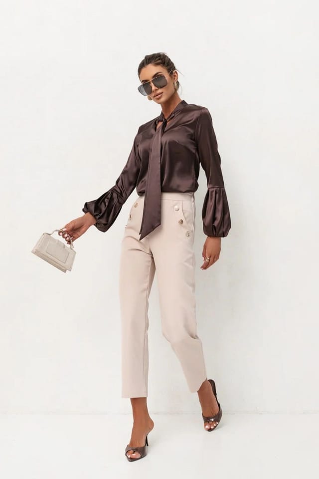 Love Lace Love Lace Women's VIVIENNE Long Sleeve Satin Shirt in Brown - 3