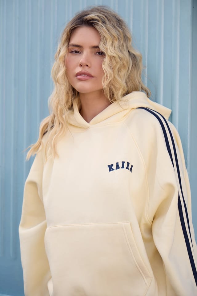 Kaiia Kaiia Sport Side Stripe Oversized Hoodie Butter Yellow & Navy - 2