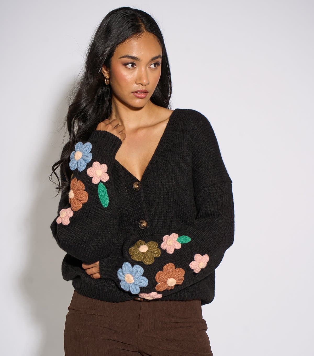 Gini London Women's Black Floral Crochet Flowers Cardigan Gini London New Look