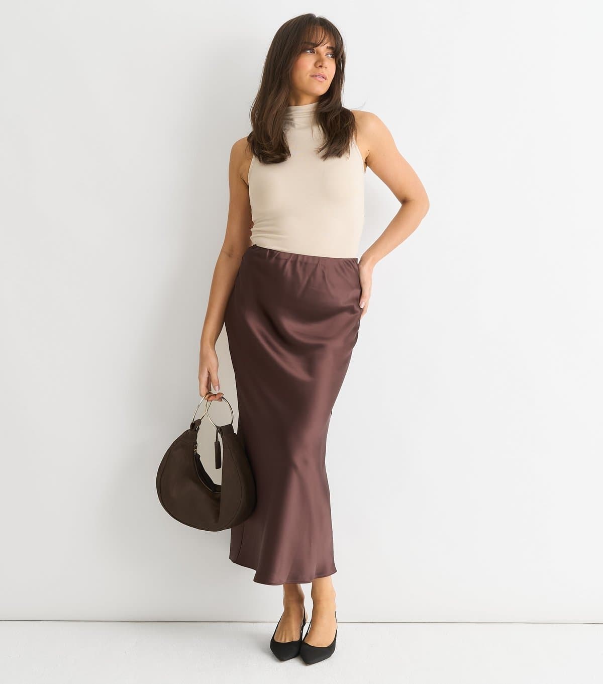 Gini London Gini London Brown Satin Midi Skirt