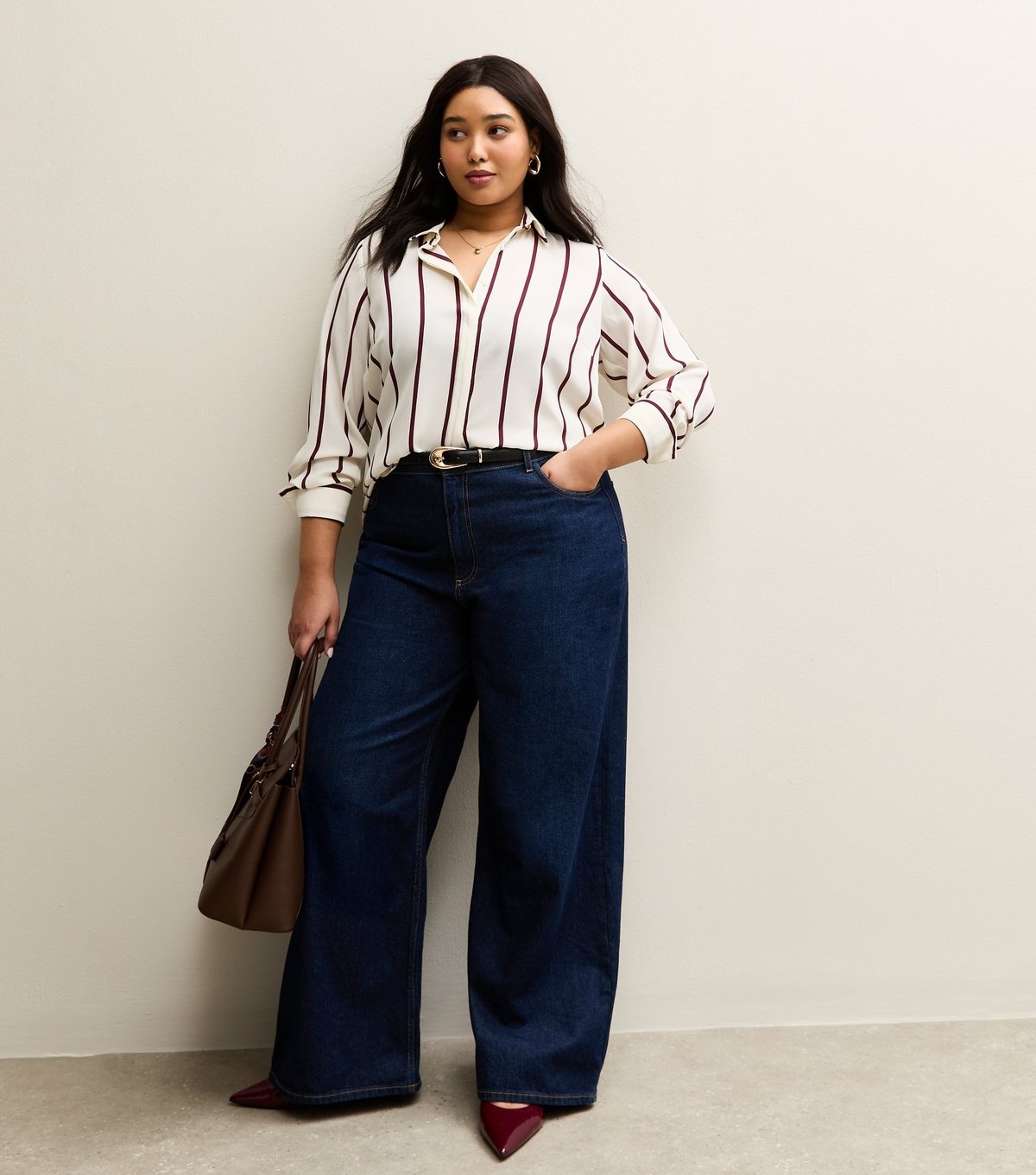 New Look Women's Plus Size White and Red Striped Shirt Curves New Look - 3