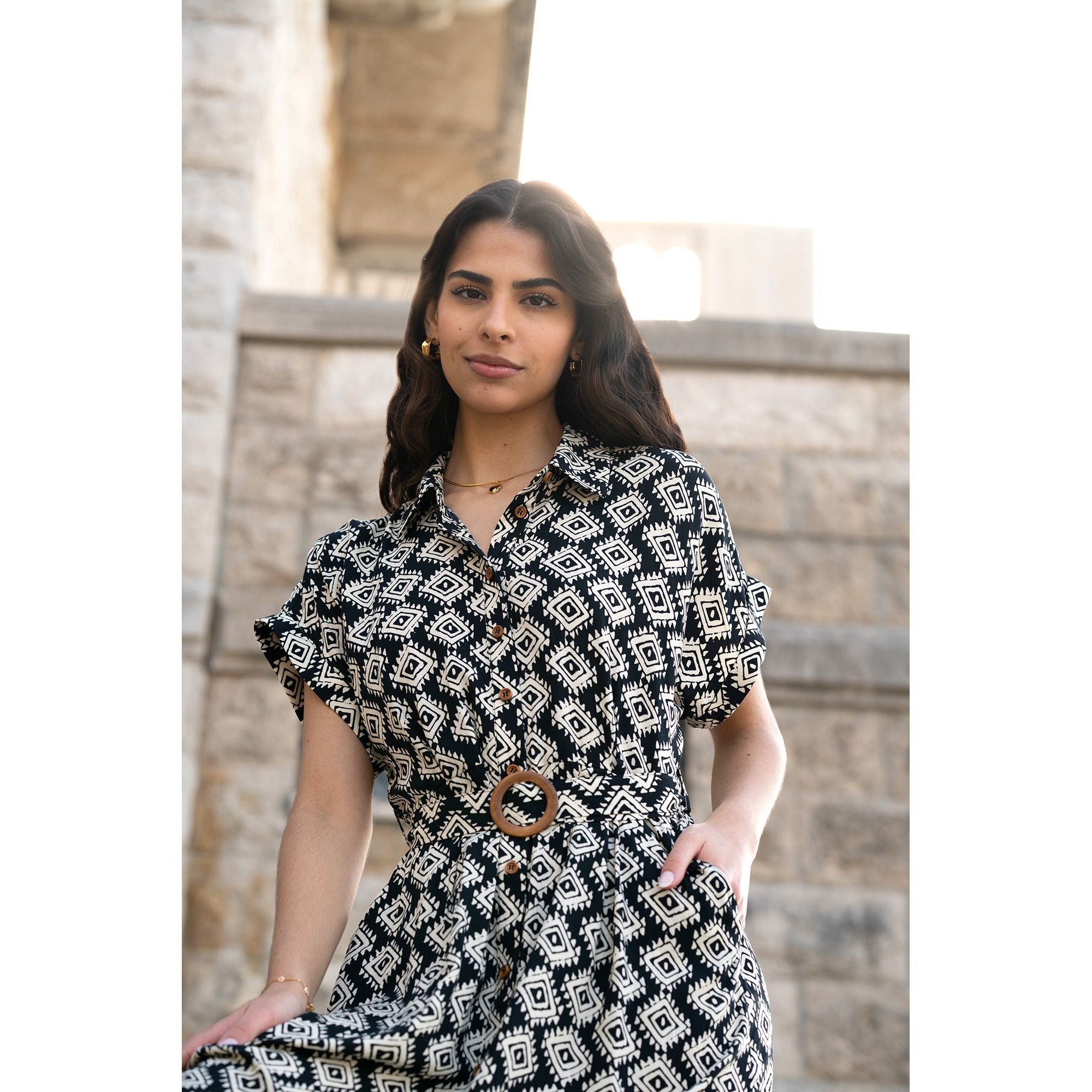 Yumi Yumi Women's Black Viscose Midi Shirt Dress With Matching Belt - 4