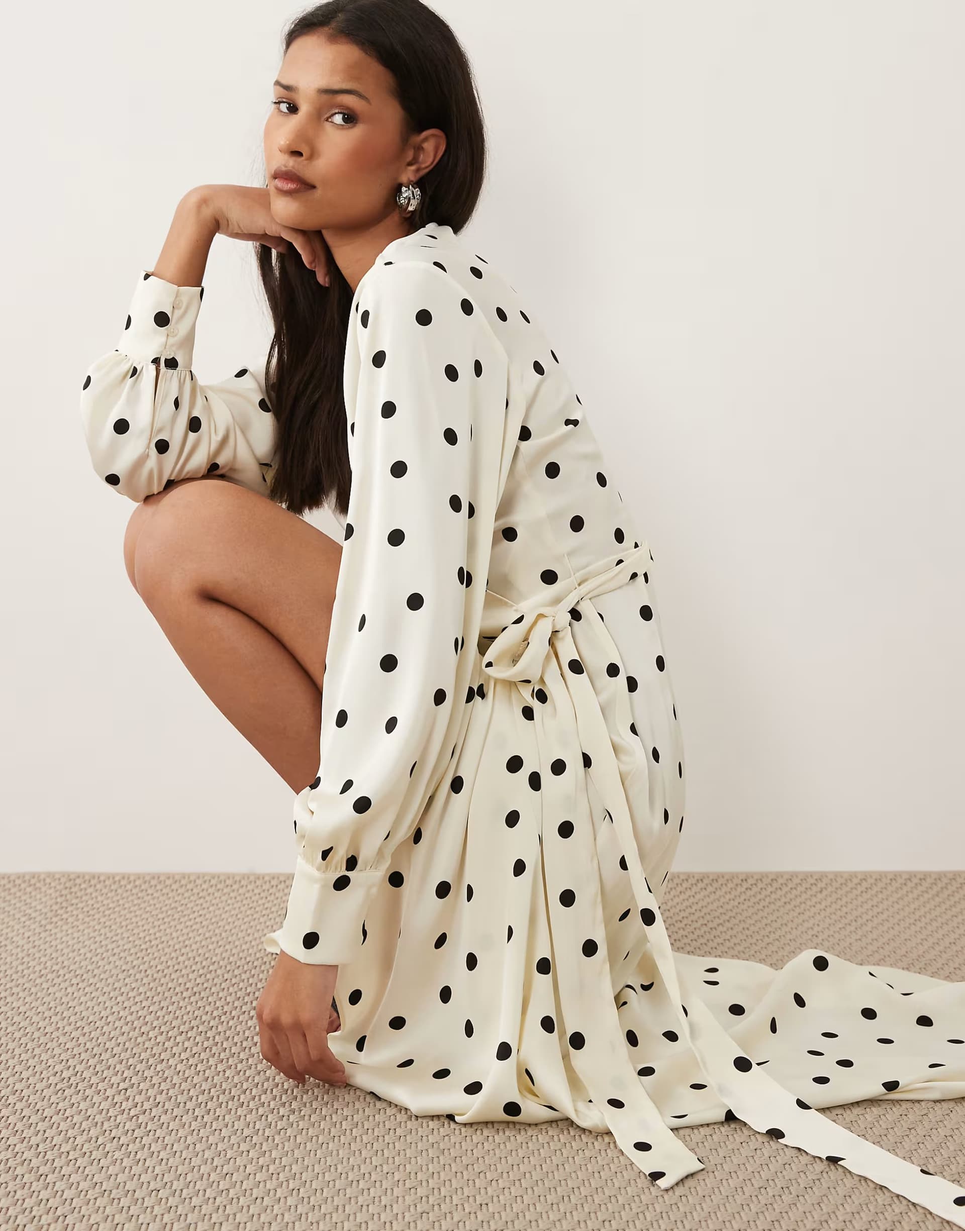 ASOS Vila long sleeve satin wrap midi dress in cream polka dot