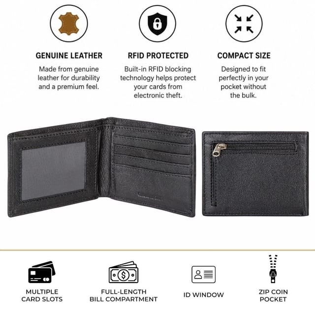Woodland Leathers Woodland Leathers Men's Men's Leather RFID Wallet with ID Window & Zip Coin Pocket in Black - 3