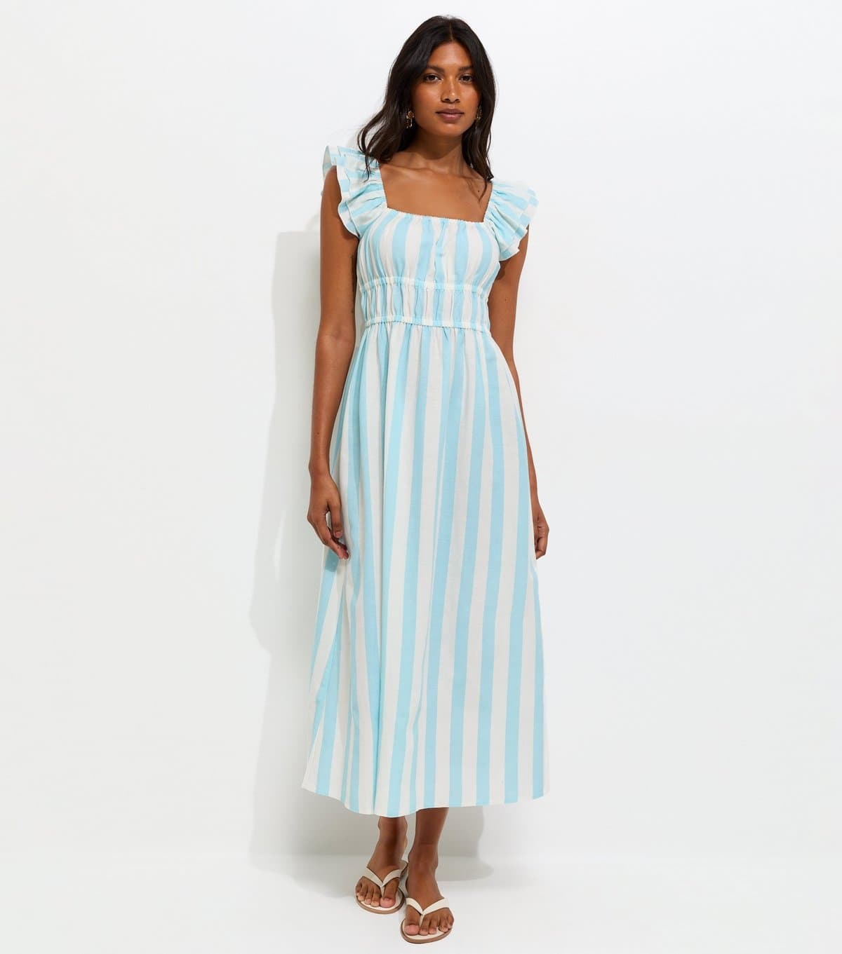 New Look Women's Blue Striped Shirred Waist Frill Sleeve Midi Dress New Look