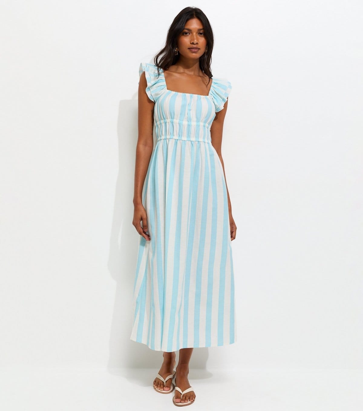 New Look Blue Striped Shirred Waist Frill Sleeve Midi Dress