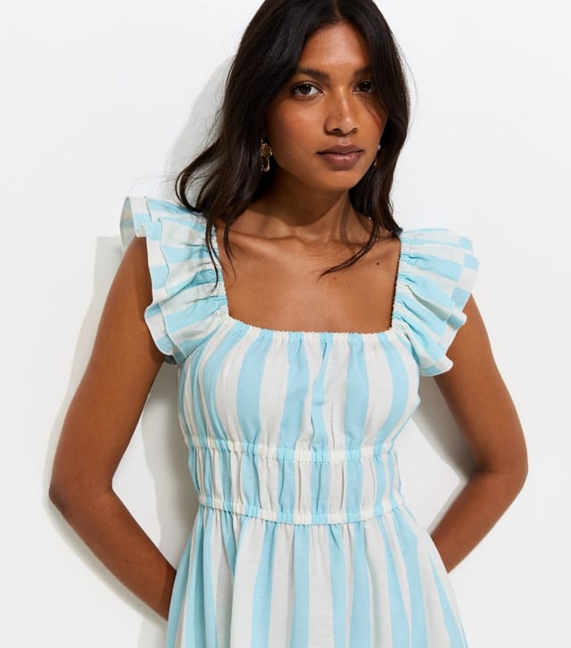 New Look Women's Blue Striped Shirred Waist Frill Sleeve Midi Dress New Look - 2