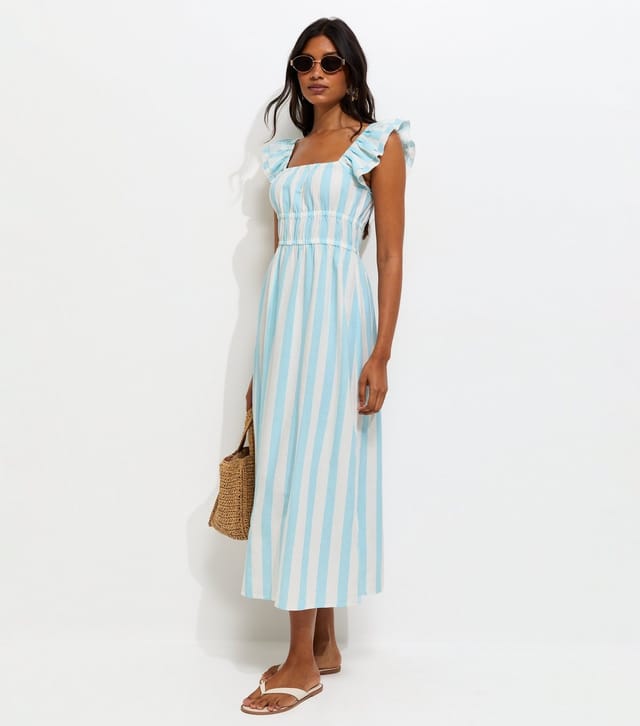 New Look Women's Blue Striped Shirred Waist Frill Sleeve Midi Dress New Look - 3