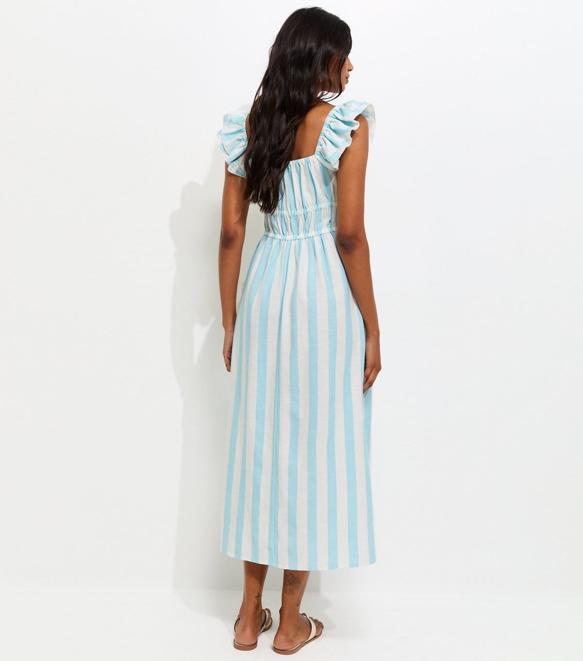 New Look Women's Blue Striped Shirred Waist Frill Sleeve Midi Dress New Look - 4