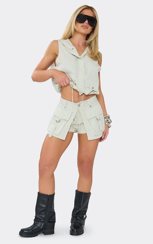 EGO Mid Rise Oversized Pocket Detail Cargo Mini Skort In Stone, Women's Size UK 6 - 2