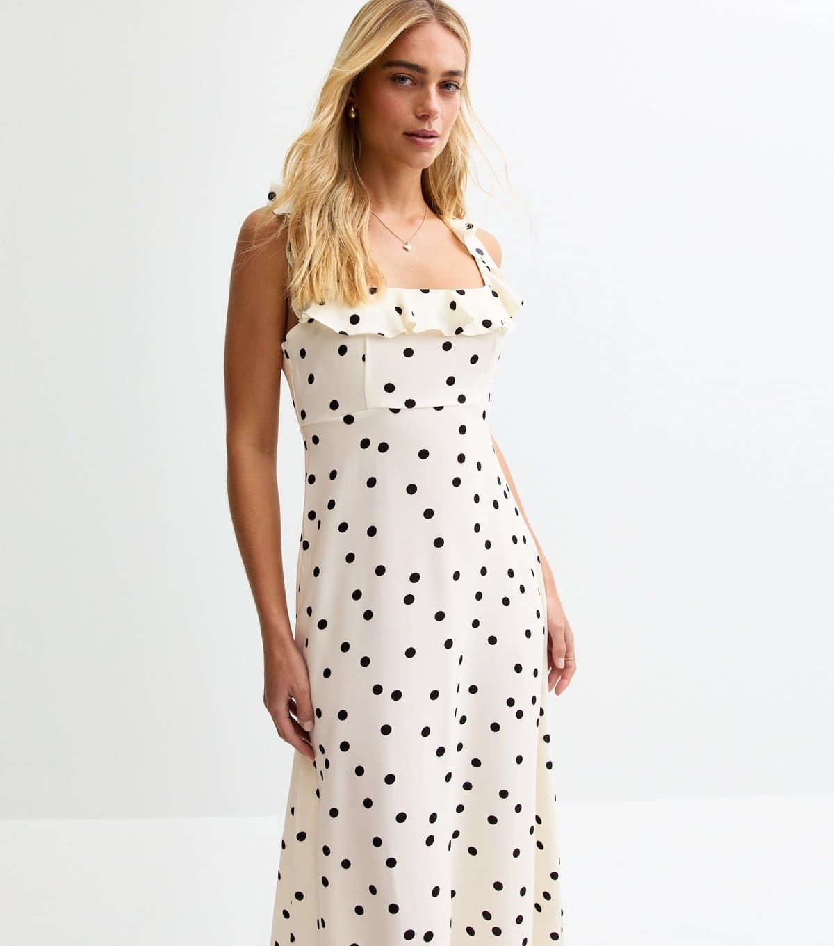 New Look Women's Cream Polka Dot Ruffle Trim Chiffon Midi Dress New Look