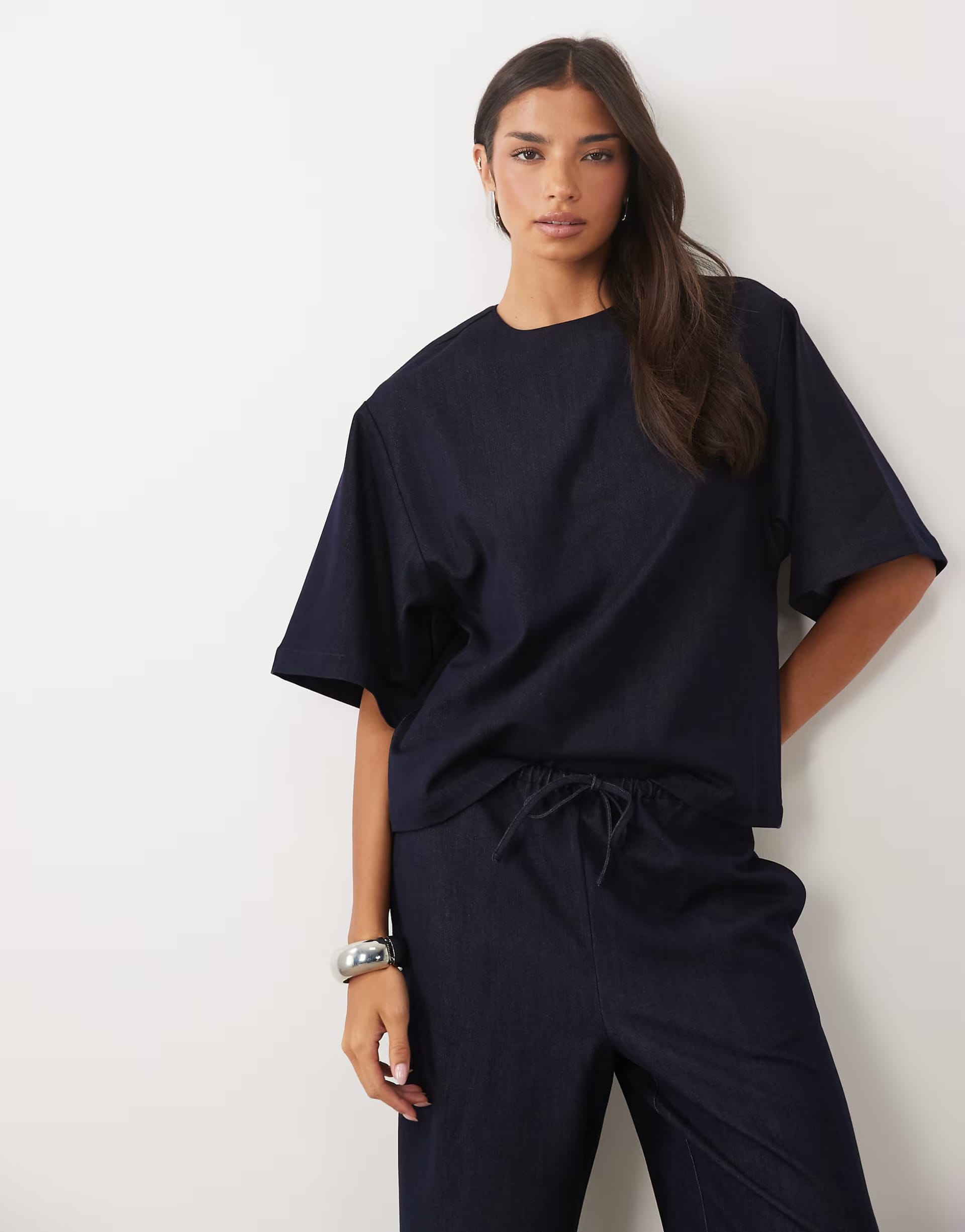 Pretty Lavish denim look boxy long line t-shirt co-ord in indigo
