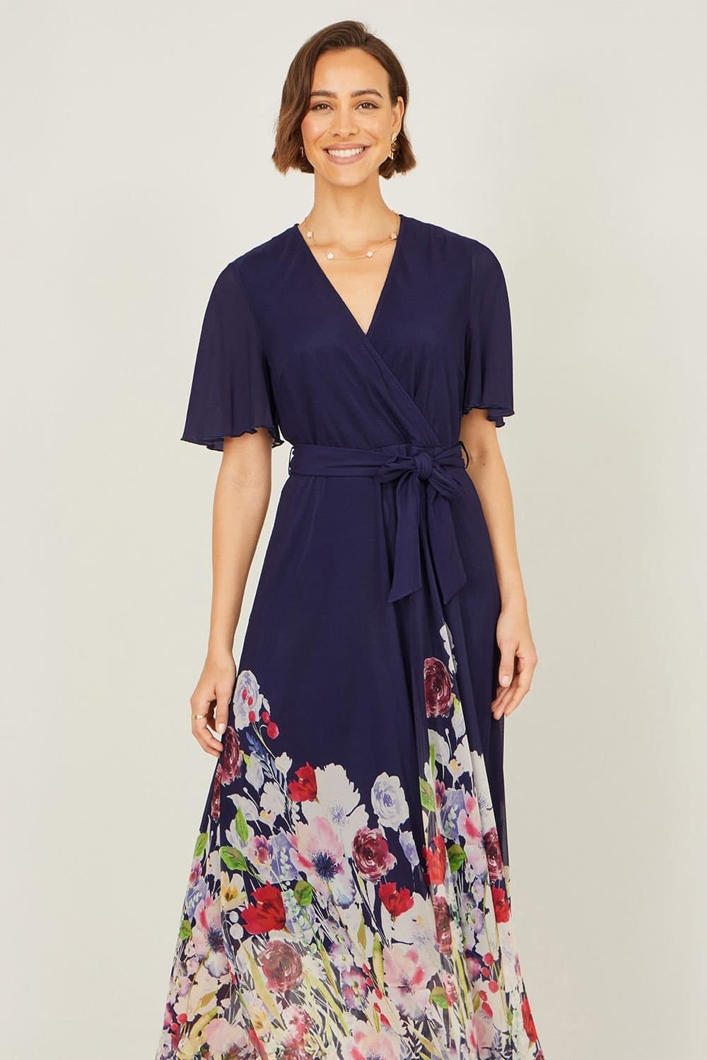Yumi Yumi Women's Navy Mesh Wrap Midi Dress With Floral Hem Border