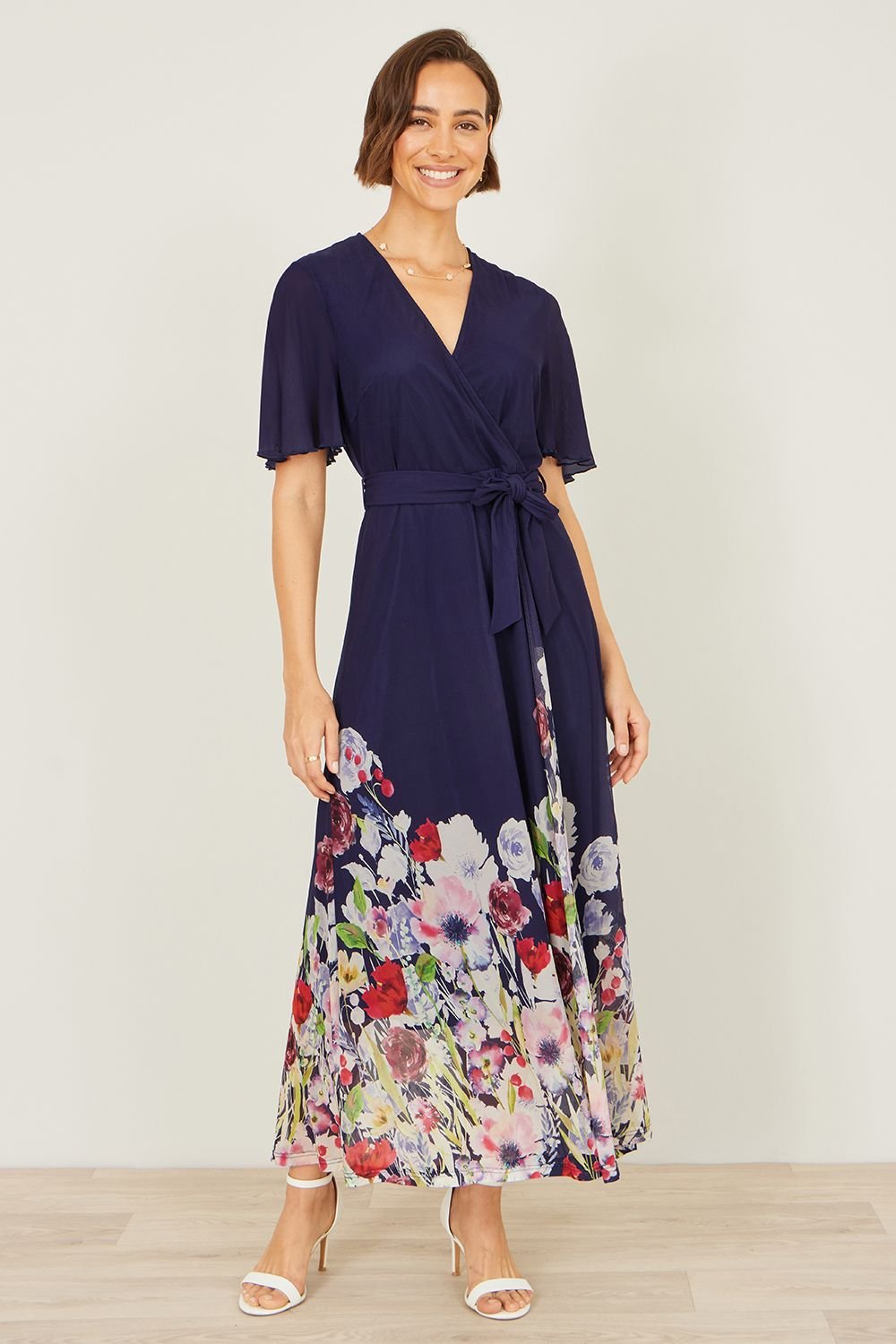 Yumi Yumi Women's Navy Mesh Wrap Midi Dress With Floral Hem Border - 3