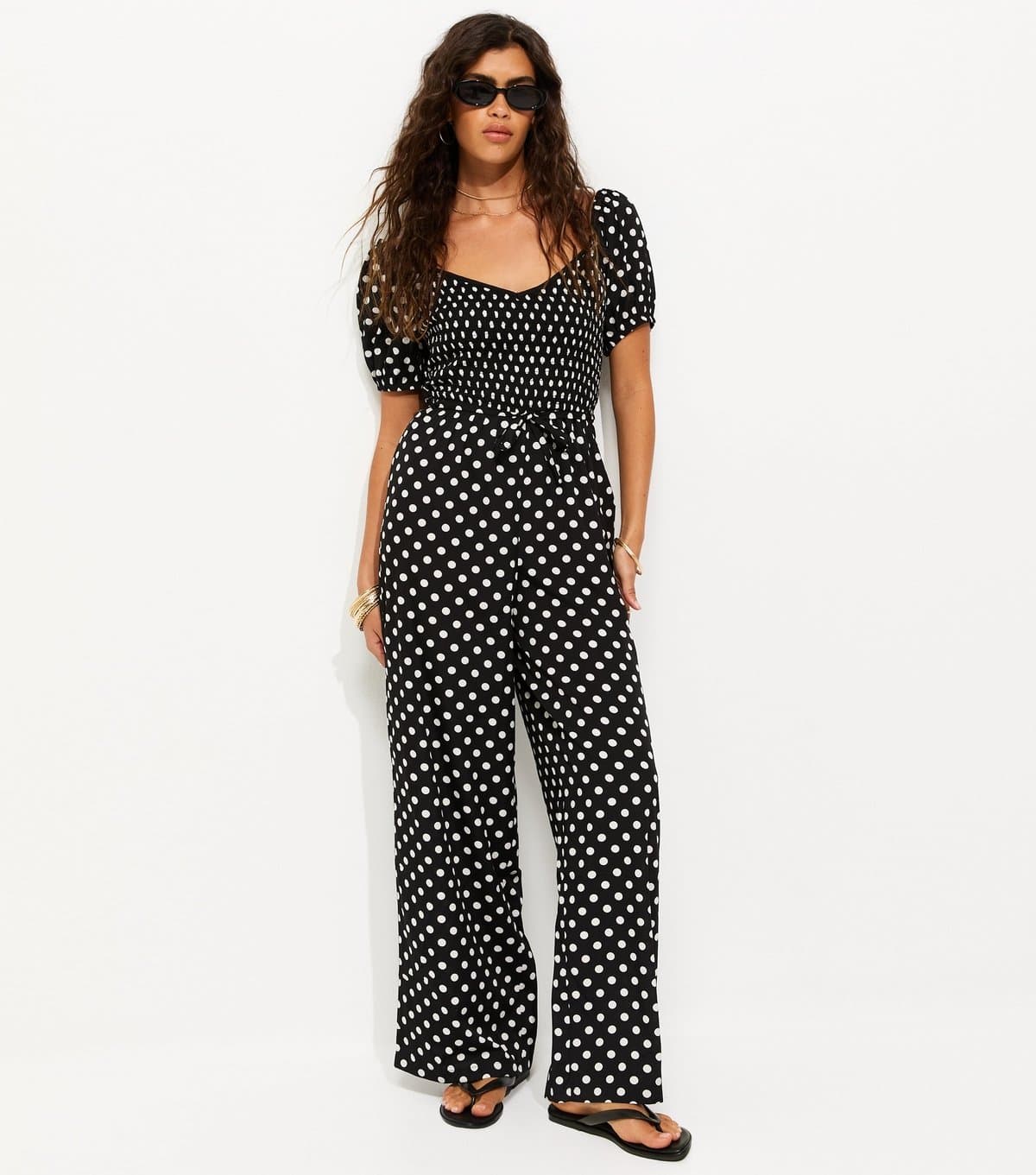 New Look Women's Black Crepe Polka Dot Shirred Jumpsuit New Look