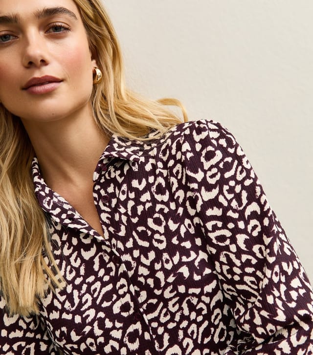 New Look Women's Burgundy Animal Print Long Sleeve Shirt Mini Dress New Look - 2