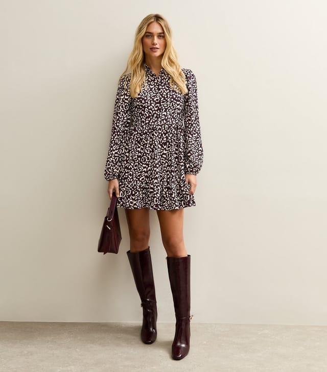 New Look Women's Burgundy Animal Print Long Sleeve Shirt Mini Dress New Look - 3
