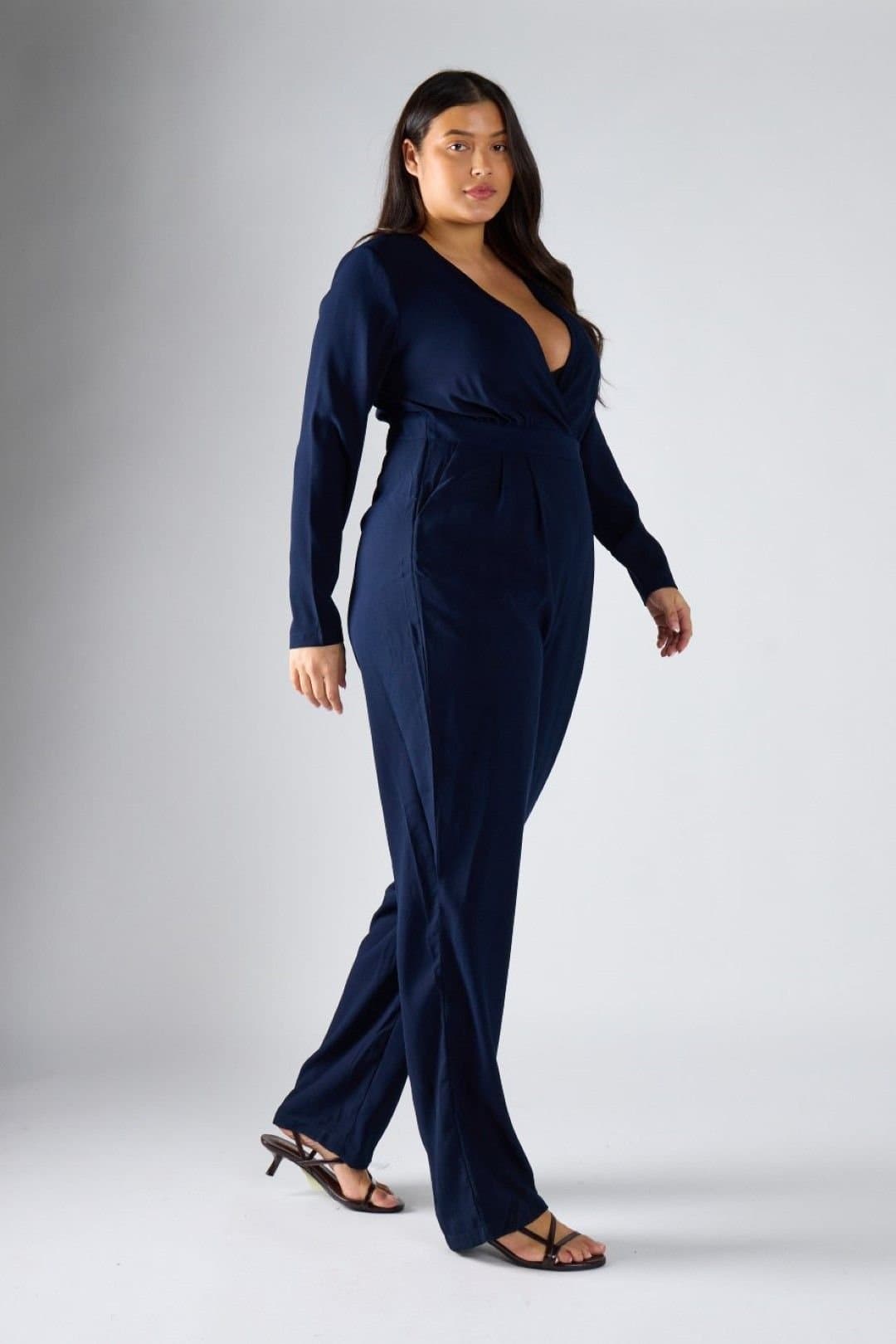 Shnoo Shnoo Women's Long Sleeve Wrap Wide Leg Jumpsuit in Navy