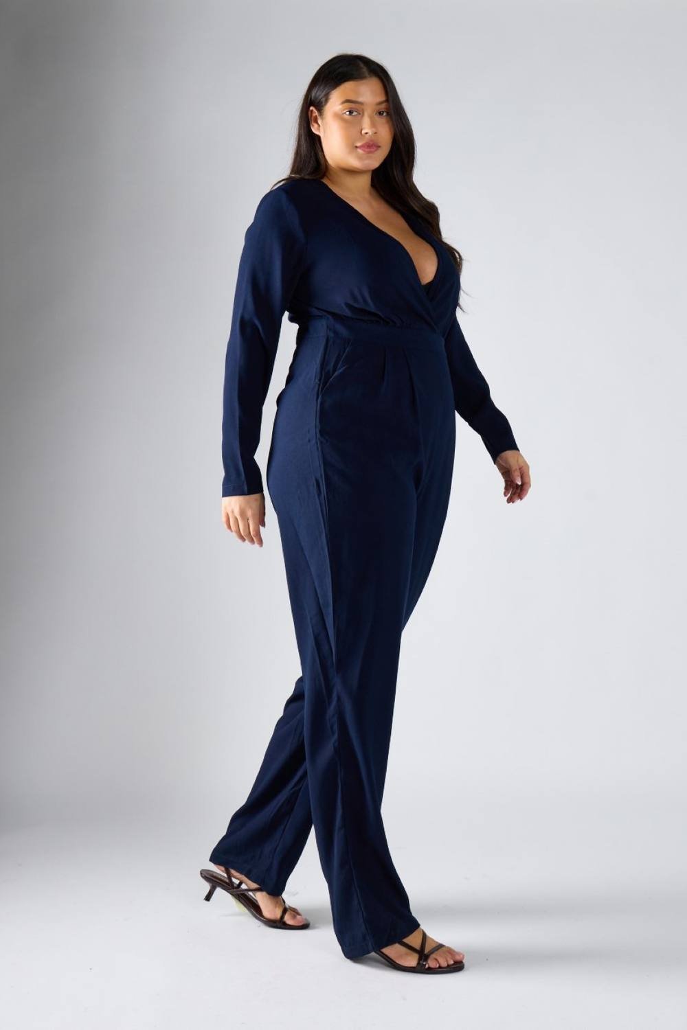 Shnoo Shnoo Women's Long Sleeve Wrap Wide Leg Jumpsuit in Navy - 3