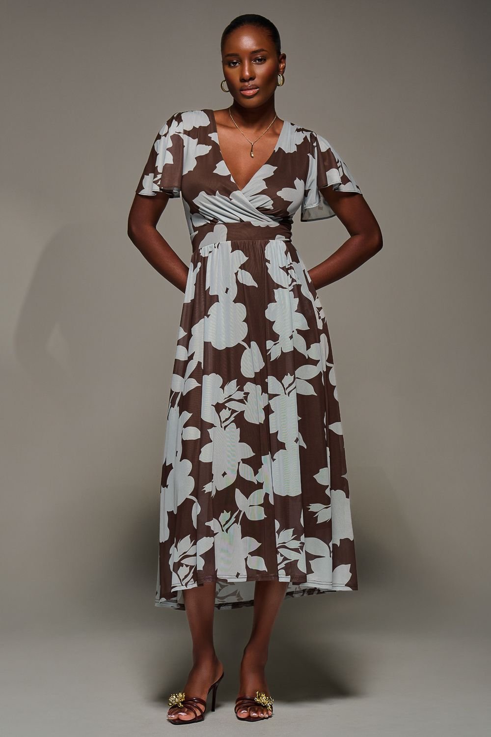 Jolie Moi Jolie Moi Women's Mesh Short Sleeve Midaxi Dress in Brown - 4