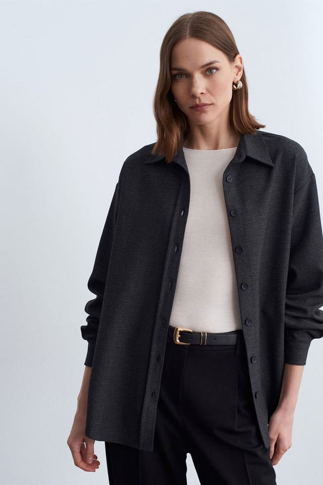 Dilvin Dilvin Women's Oversized Long-sleeve Micro-pattern Shirt in Mid Grey - 2